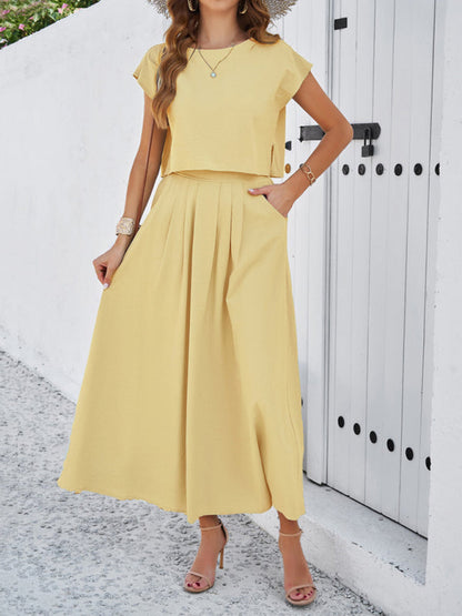 Skirt Set- Vacay Classic 2-Piece Summer Outfit - Cap Sleeve Blouse & Flare Skirt- - Pekosa Women Fashion