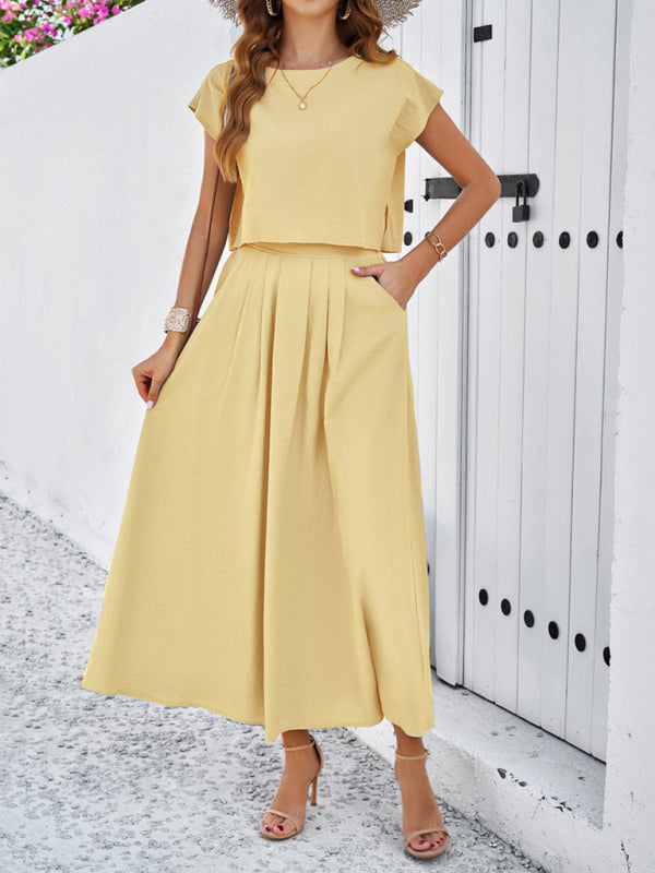 Skirt Set- Vacay Classic 2-Piece Summer Outfit - Cap Sleeve Blouse & Flare Skirt- - Pekosa Women Fashion