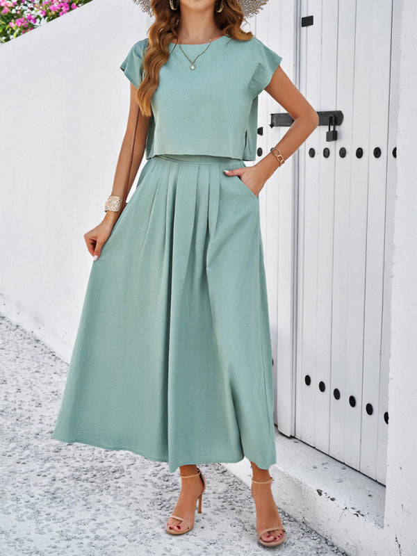 Skirt Set- Vacay Classic 2-Piece Summer Outfit - Cap Sleeve Blouse & Flare Skirt- - Pekosa Women Fashion