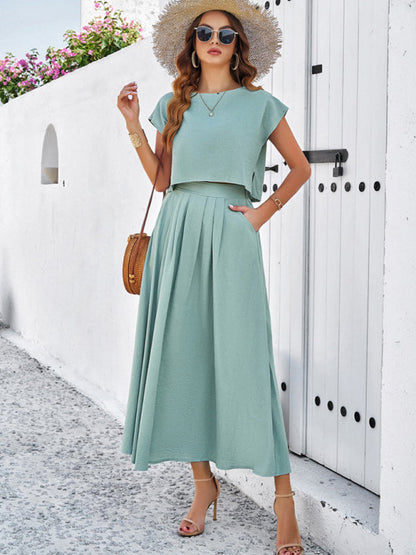 Skirt Set- Vacay Classic 2-Piece Summer Outfit - Cap Sleeve Blouse & Flare Skirt- - Pekosa Women Fashion