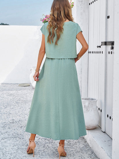 Skirt Set- Vacay Classic 2-Piece Summer Outfit - Cap Sleeve Blouse & Flare Skirt- - Pekosa Women Fashion