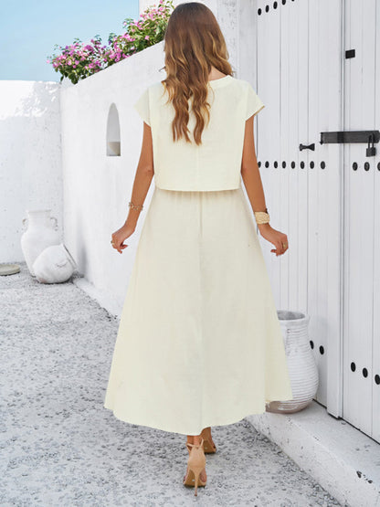 Skirt Set- Vacay Classic 2-Piece Summer Outfit - Cap Sleeve Blouse & Flare Skirt- - Pekosa Women Fashion