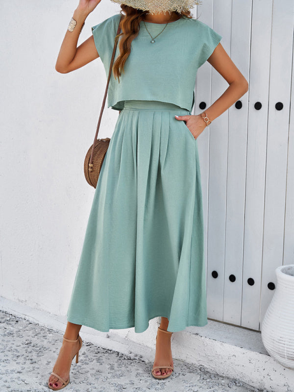 Skirt Set- Vacay Classic 2-Piece Summer Outfit - Cap Sleeve Blouse & Flare Skirt- - Pekosa Women Fashion