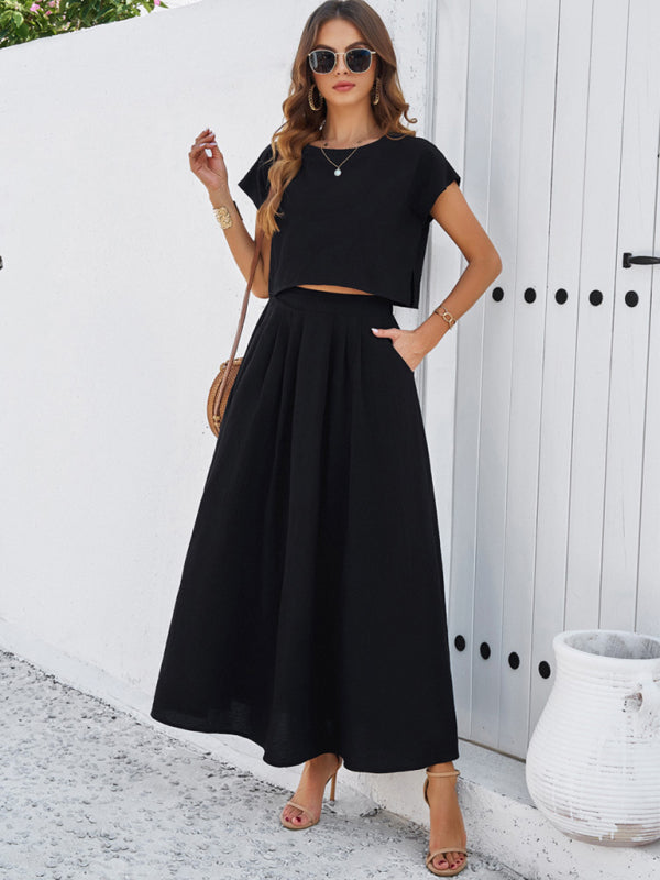 Skirt Set- Vacay Classic 2-Piece Summer Outfit - Cap Sleeve Blouse & Flare Skirt- - Pekosa Women Fashion