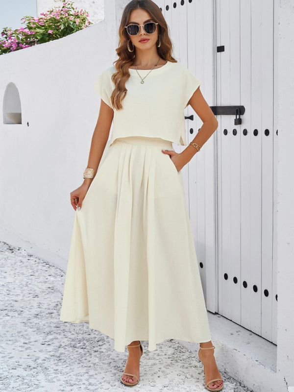 Skirt Set- Vacay Classic 2-Piece Summer Outfit - Cap Sleeve Blouse & Flare Skirt- - Pekosa Women Fashion