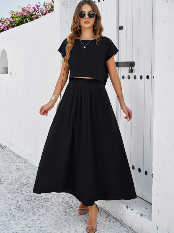 Skirt Set- Vacay Classic 2-Piece Summer Outfit - Cap Sleeve Blouse & Flare Skirt- - Pekosa Women Fashion