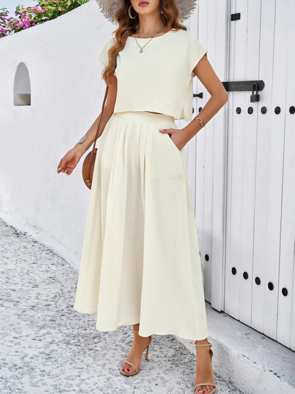 Skirt Set- Vacay Classic 2-Piece Summer Outfit - Cap Sleeve Blouse & Flare Skirt- - Pekosa Women Fashion