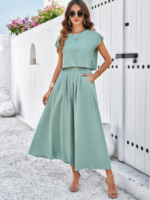 Skirt Set- Vacay Classic 2-Piece Summer Outfit - Cap Sleeve Blouse & Flare Skirt- - Pekosa Women Fashion