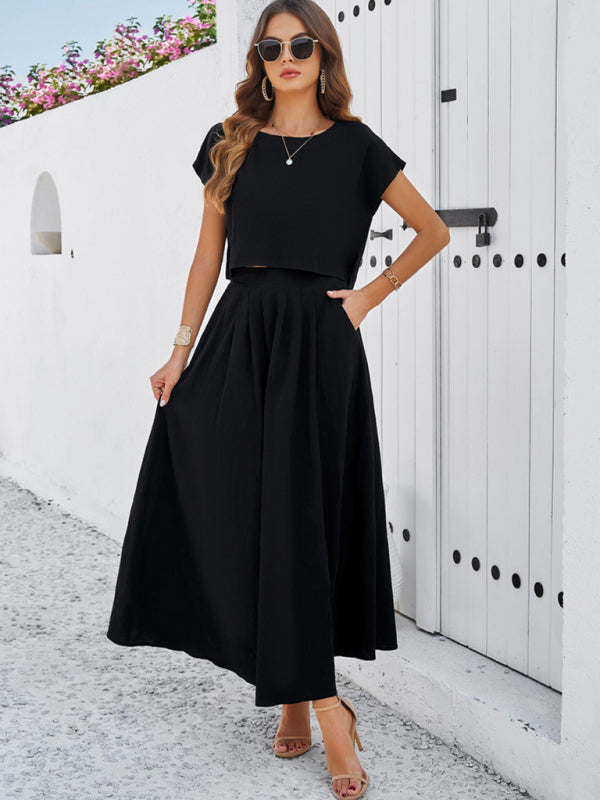 Skirt Set- Vacay Classic 2-Piece Summer Outfit - Cap Sleeve Blouse & Flare Skirt- - Pekosa Women Fashion