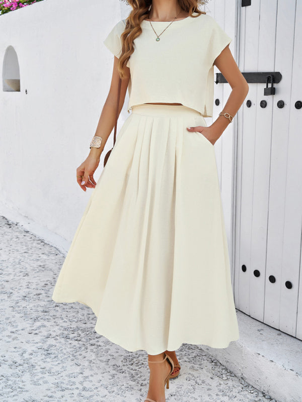 Skirt Set- Vacay Classic 2-Piece Summer Outfit - Cap Sleeve Blouse & Flare Skirt- - Pekosa Women Fashion