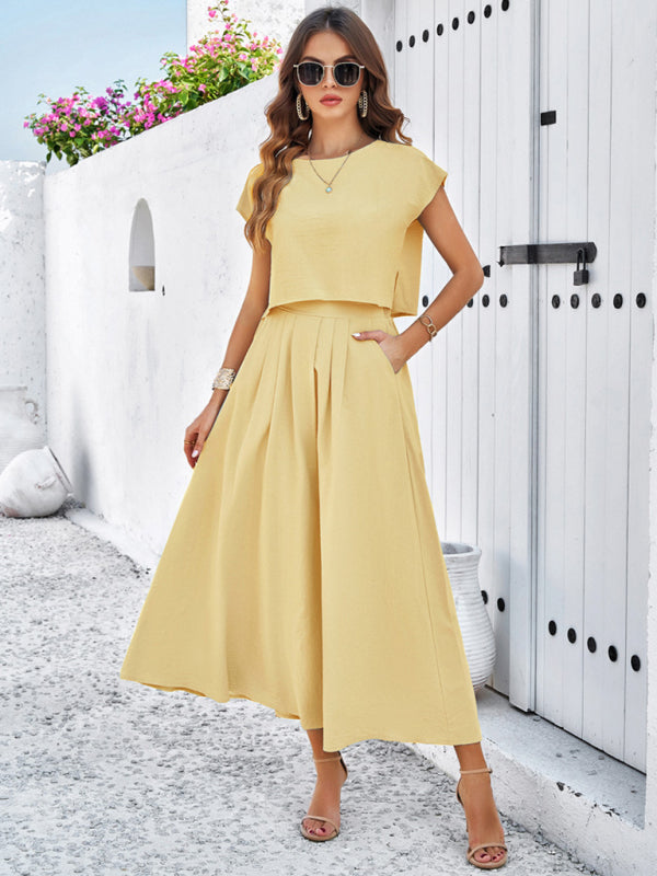 Skirt Set- Vacay Classic 2-Piece Summer Outfit - Cap Sleeve Blouse & Flare Skirt- - Pekosa Women Fashion