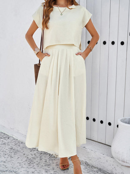 Skirt Set- Vacay Classic 2-Piece Summer Outfit - Cap Sleeve Blouse & Flare Skirt- Cream- Pekosa Women Fashion