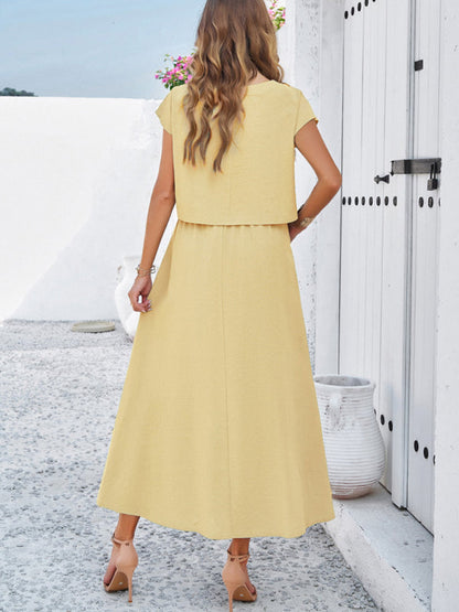 Skirt Set- Vacay Classic 2-Piece Summer Outfit - Cap Sleeve Blouse & Flare Skirt- - Pekosa Women Fashion