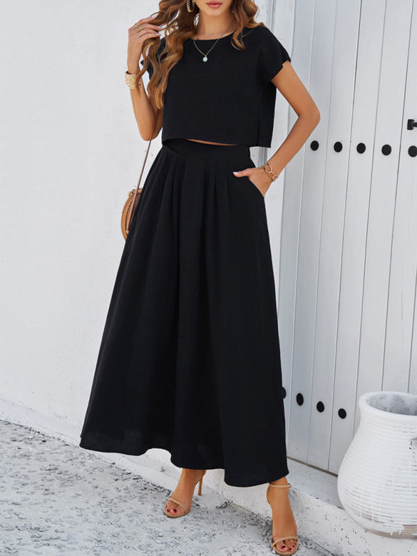 Skirt Set- Vacay Classic 2-Piece Summer Outfit - Cap Sleeve Blouse & Flare Skirt- Black- Pekosa Women Fashion