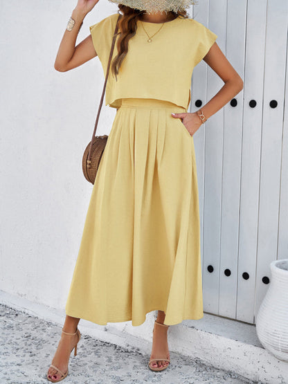 Skirt Set- Vacay Classic 2-Piece Summer Outfit - Cap Sleeve Blouse & Flare Skirt- - Pekosa Women Fashion