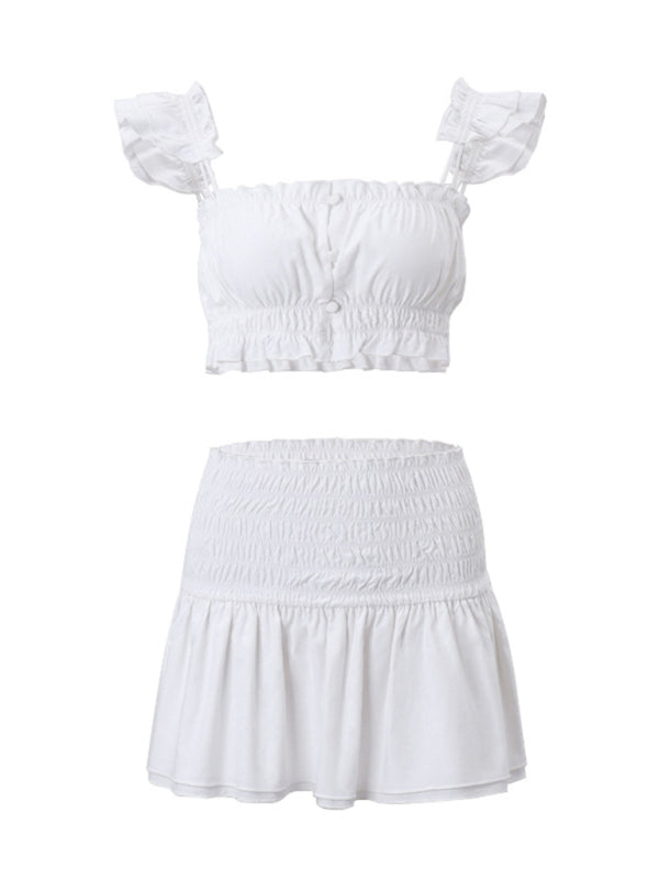 Skirt Set- Vacay Feast Frill 2 Piece Summer Outfit - Crop Blouse & Ruffle Mini Skirt- - Pekosa Women Fashion