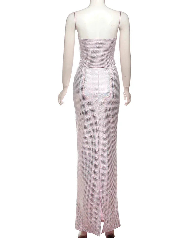 Skirt Sets - Elegant Sequin Gala Dress Sparkle Bustier Top & Maxi Skirt