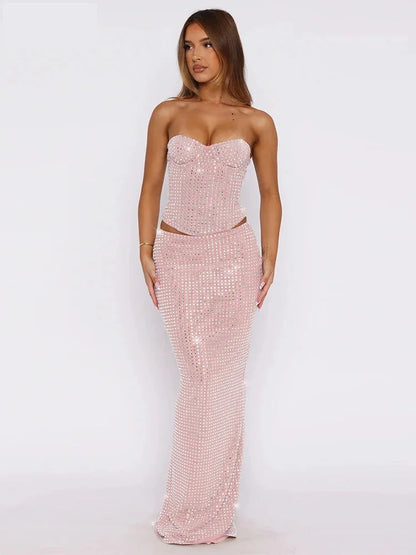 Skirt Sets - Elegant Sequin Gala Dress Sparkle Bustier Top & Maxi Skirt