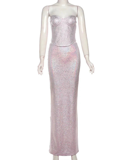 Skirt Sets - Elegant Sequin Gala Dress Sparkle Bustier Top & Maxi Skirt