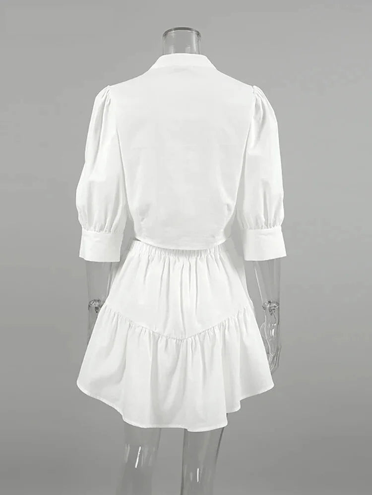 Skirt Sets- Elegant White Two-Piece Flouncy Skirt Set with Puff Blouse- - Pekosa Women Fashion