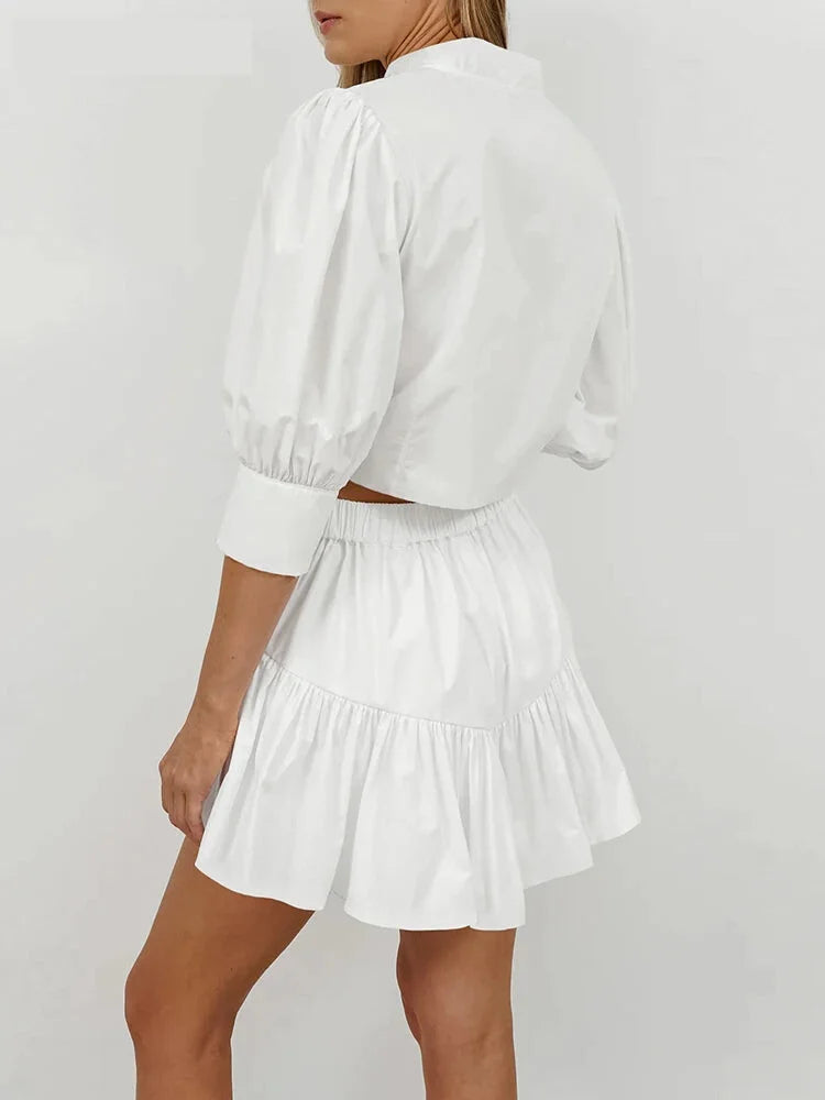 Skirt Sets- Elegant White Two-Piece Flouncy Skirt Set with Puff Blouse- - Pekosa Women Fashion