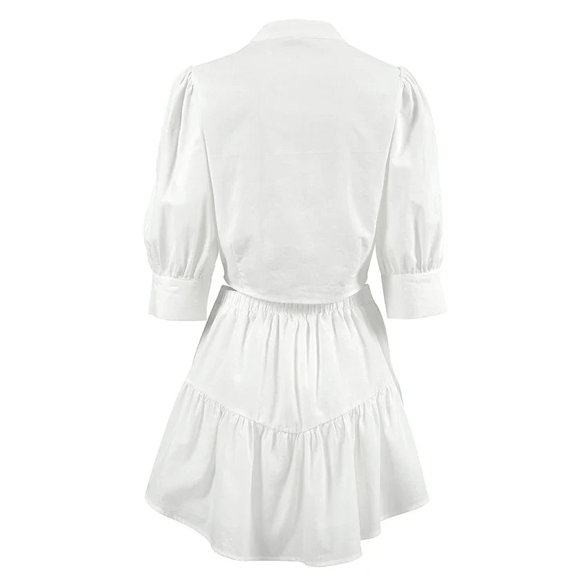 Skirt Sets- Elegant White Two-Piece Flouncy Skirt Set with Puff Blouse- - Pekosa Women Fashion