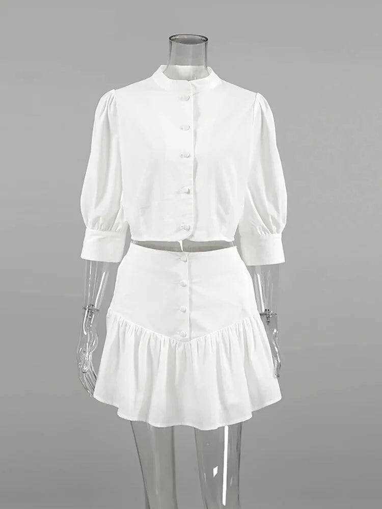 Skirt Sets- Elegant White Two-Piece Flouncy Skirt Set with Puff Blouse- White- Pekosa Women Fashion