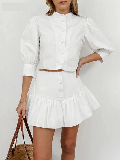 Skirt Sets- Elegant White Two-Piece Flouncy Skirt Set with Puff Blouse- - Pekosa Women Fashion