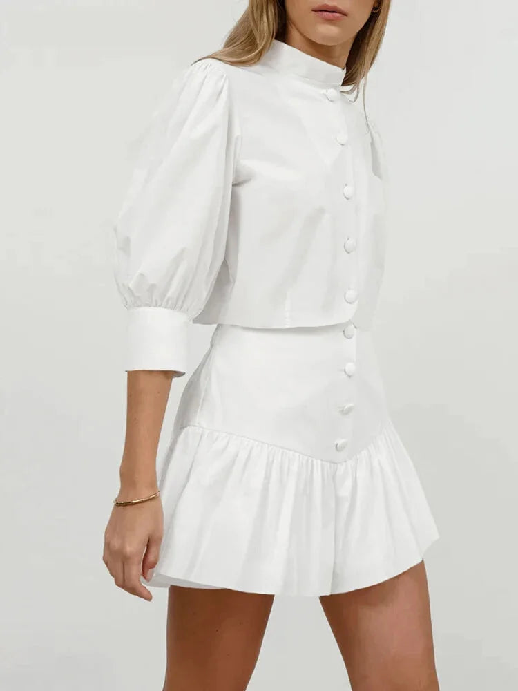 Skirt Sets- Elegant White Two-Piece Flouncy Skirt Set with Puff Blouse- - Pekosa Women Fashion