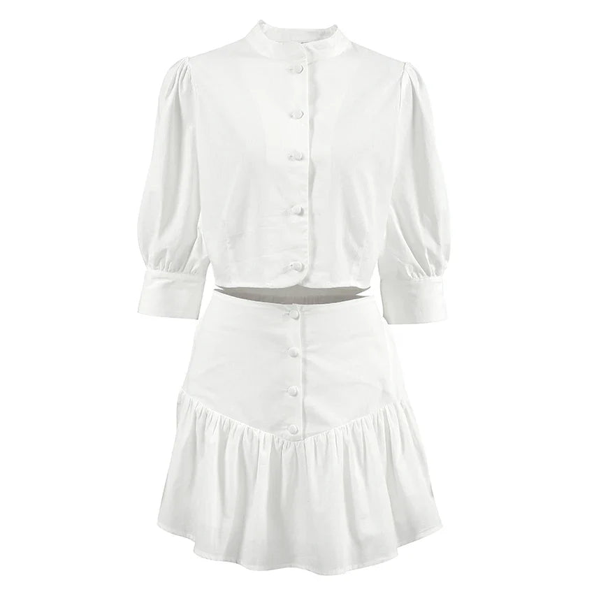 Skirt Sets- Elegant White Two-Piece Flouncy Skirt Set with Puff Blouse- - Pekosa Women Fashion