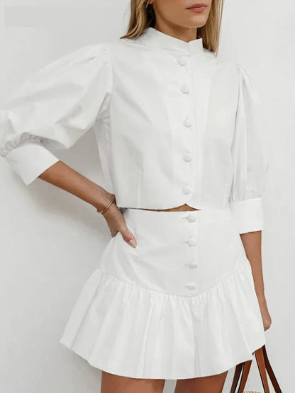 Skirt Sets- Elegant White Two-Piece Flouncy Skirt Set with Puff Blouse- - Pekosa Women Fashion