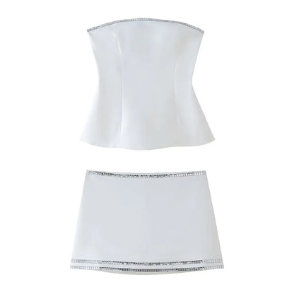 Skirt Sets- Sparkle Tube Bodycon Skirt Set with Built-in Shorts- White- Pekosa Women Fashion