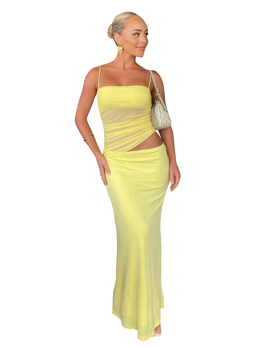 Skirt Sets- Vibrant Yellow Cami Top and Maxi Skirt Two-Piece Set- YELLOW- Chuzko Women Clothing