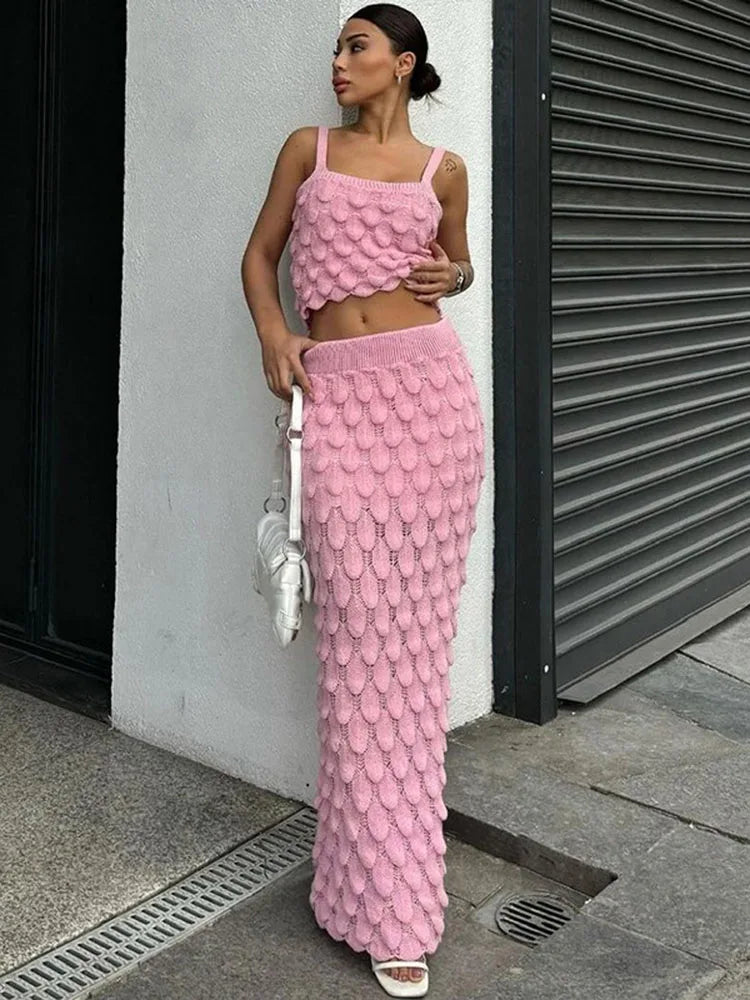 Skirt Sets- Women Boho Crochet Crop Top and Maxi Skirt Set- - Chuzko Women Clothing