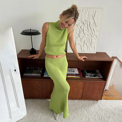 Skirt Sets- Women Fold-over Yellow Crop Top & Skirt Set Knitwear- Green- Chuzko Women Clothing