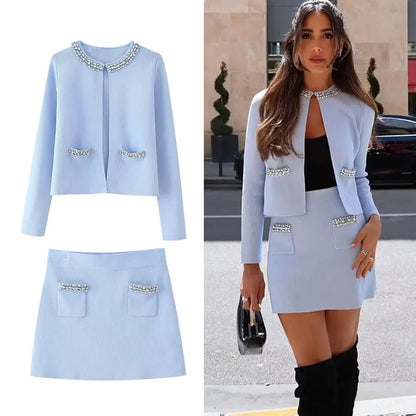 Skirt & Top Matching Set - Diamonds Trims Sweater + Mini Skirts Knit Matching Outfit Set