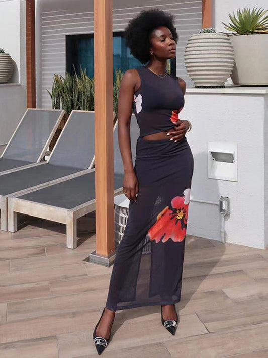 Skirts Outfit- Fashion Women's Runway Maxi Skirt & Sleeveless Top in Black Floral- Black- Pekosa Women Fashion