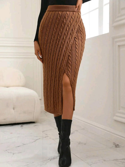 Skirts- Winter Knit Pencil Slit Skirt- Coffee- Chuzko Women Clothing