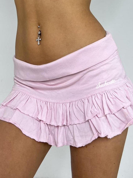 Skirts- Women's Tiered Ruffle Mini Skirt with Built-in Shorts- Pink- Pekosa Women Fashion