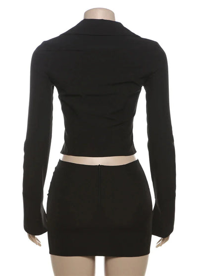 Skirts set - Zip-Up Collared Crop Top and Skirt Set for Urban Nights