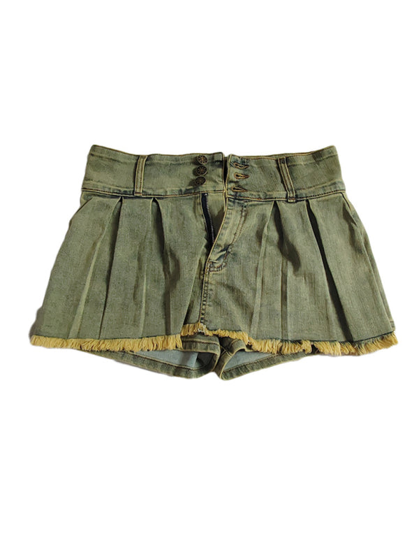 Skorts - Frayed Denim Skort Fringe Mini Skirt with Shorts