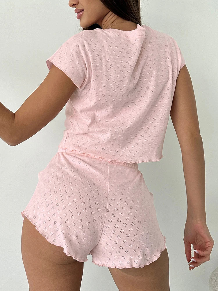 Sleepwear - Chic Pink Pajama Set with Scalloped Edges