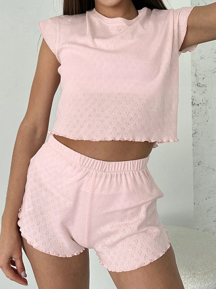 Sleepwear - Chic Pink Pajama Set with Scalloped Edges