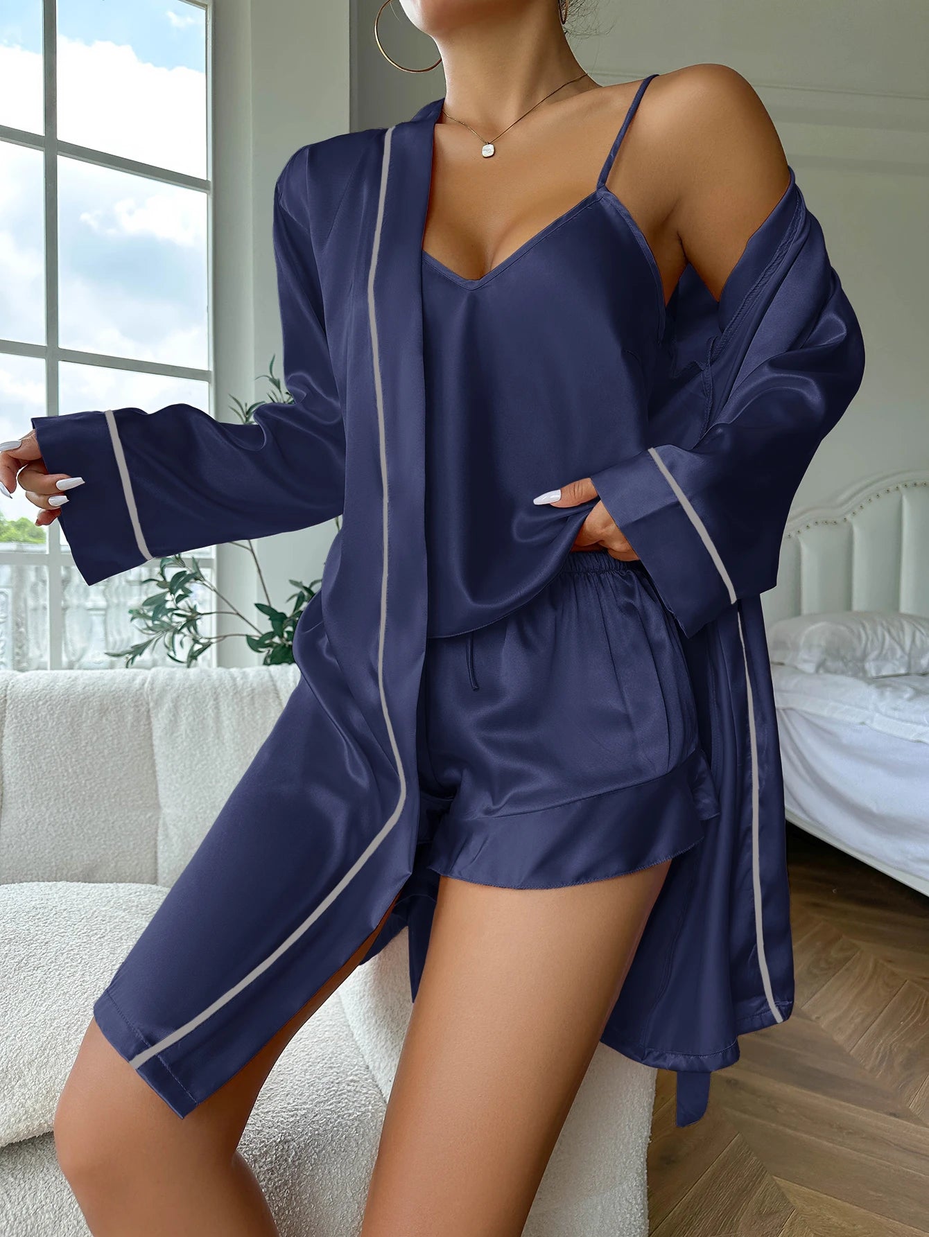 Sleepwear - Elegant Nightwear Trio: Satin Robe, Cami Top & Shorts