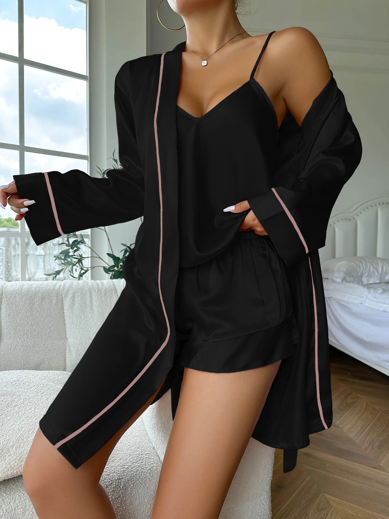 Sleepwear - Elegant Nightwear Trio: Satin Robe, Cami Top & Shorts