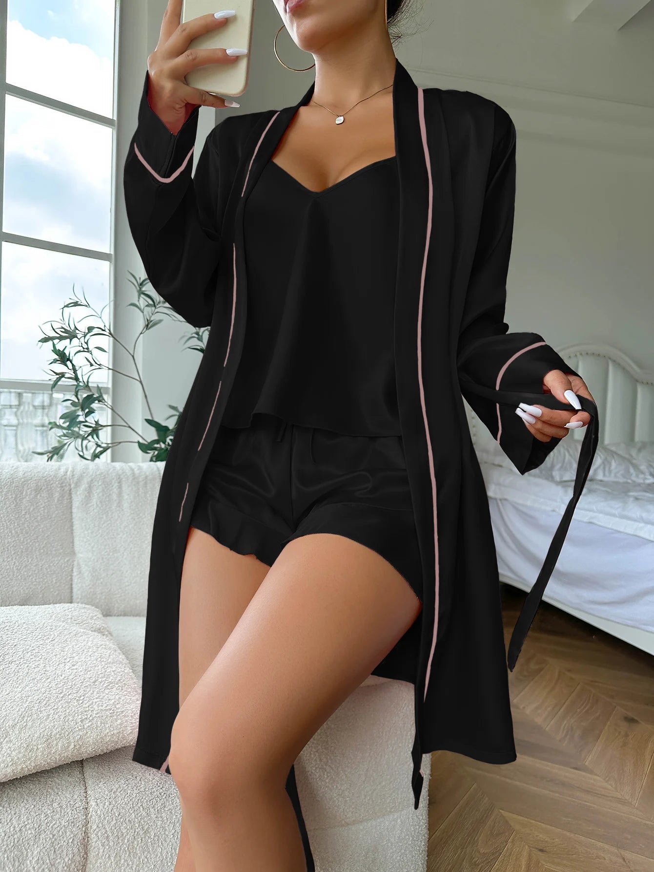 Sleepwear - Elegant Nightwear Trio: Satin Robe, Cami Top & Shorts