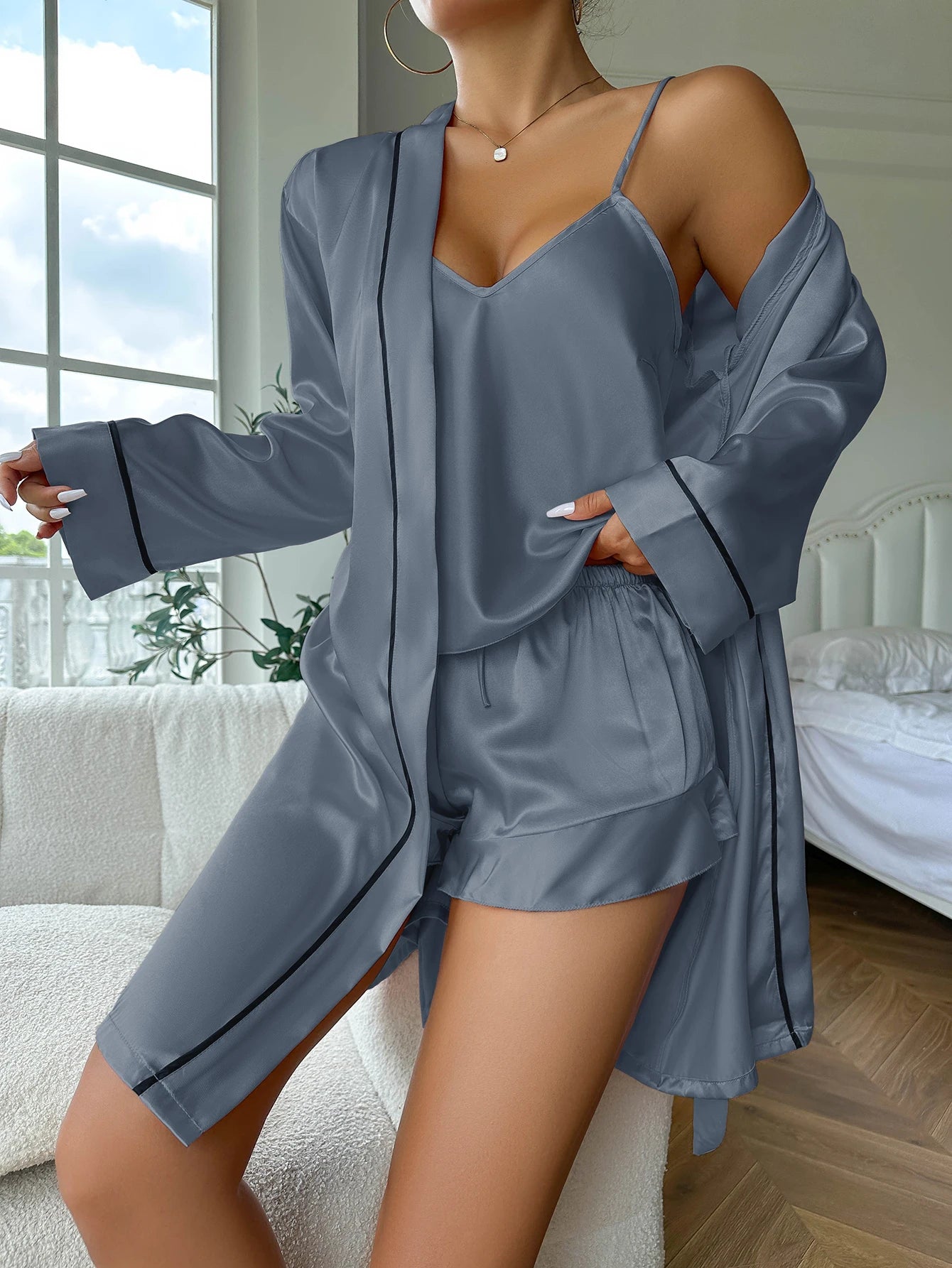 Sleepwear - Elegant Nightwear Trio: Satin Robe, Cami Top & Shorts