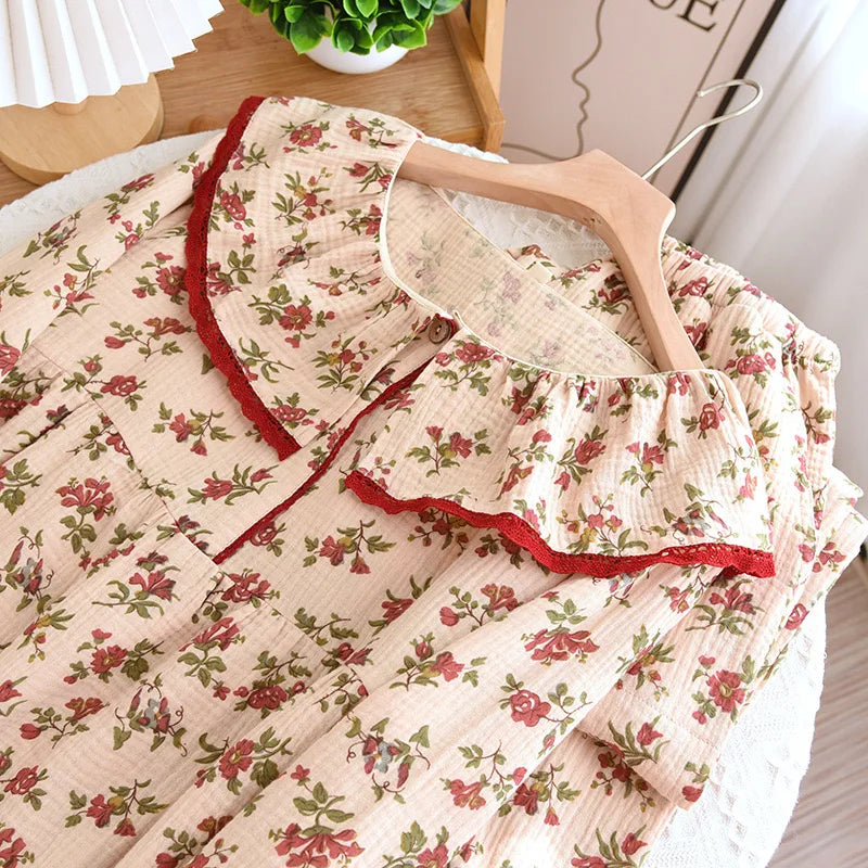 Sleepwear - Floral Print Cotton Pajamas with Lace Trim Women’s Nightwear