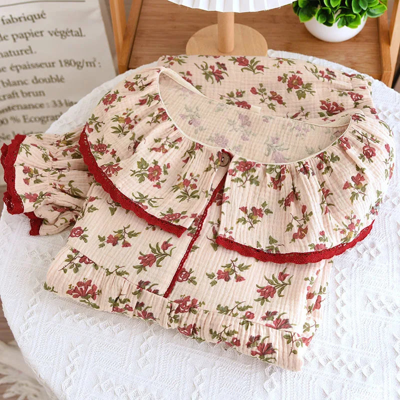 Sleepwear - Floral Print Cotton Pajamas with Lace Trim Women’s Nightwear