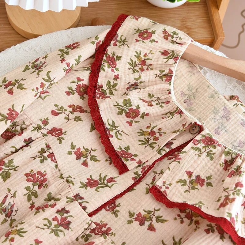 Sleepwear - Floral Print Cotton Pajamas with Lace Trim Women’s Nightwear